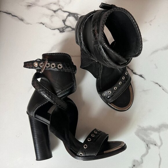 Barbara Bui Shoes - Barbara Bui Black Leather Grommet Buckle Gladiator Heels Size 37.5